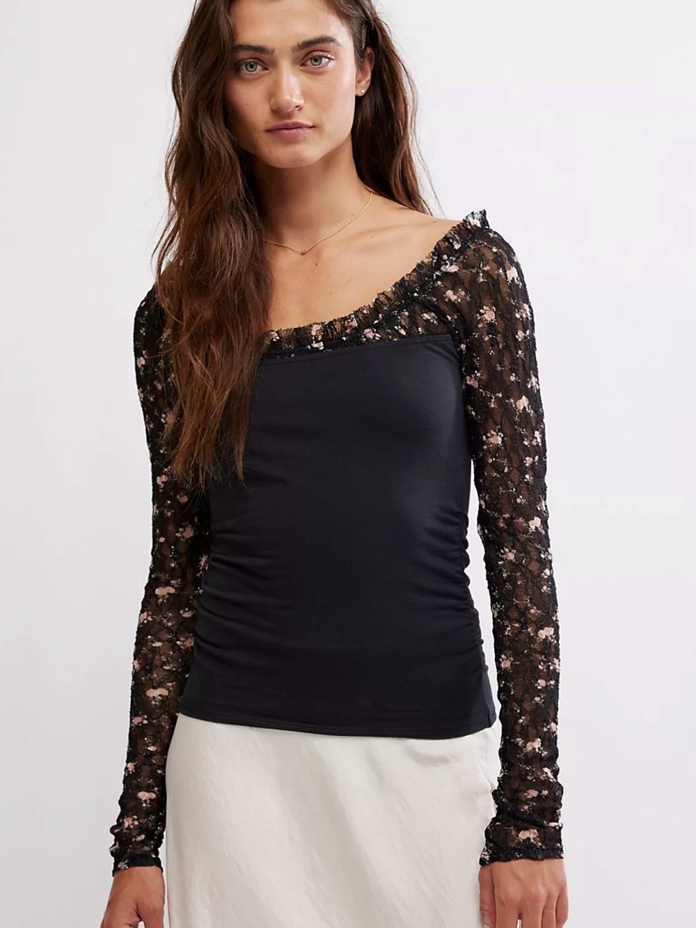 Free People Black Lace-Sleeve Long Sleeve Tee